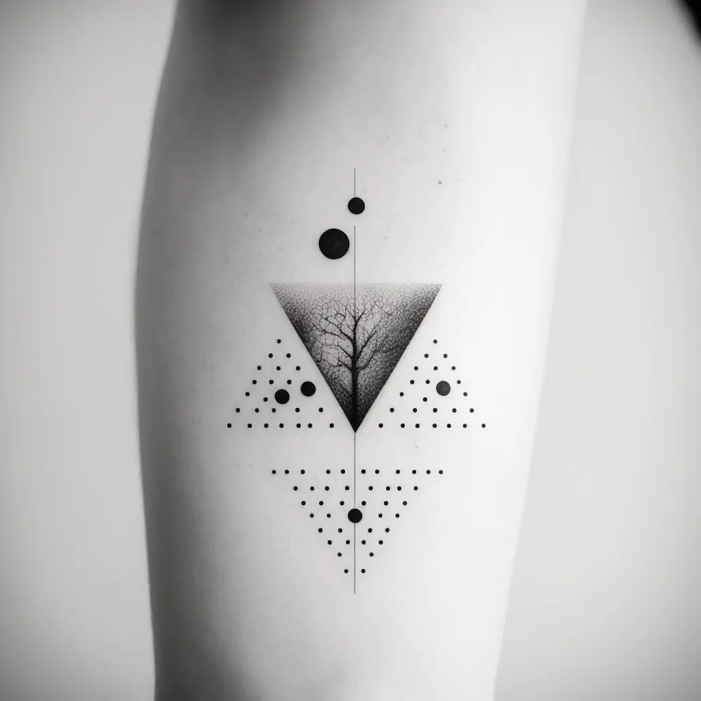 minimal tattoo, symmetrical, line, dots, square, triangle, circle, black and white, white background